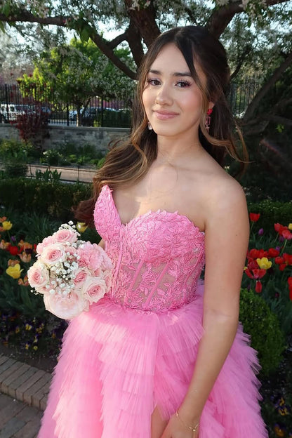 Pink Tiered Tulle Prom Dress with Slit