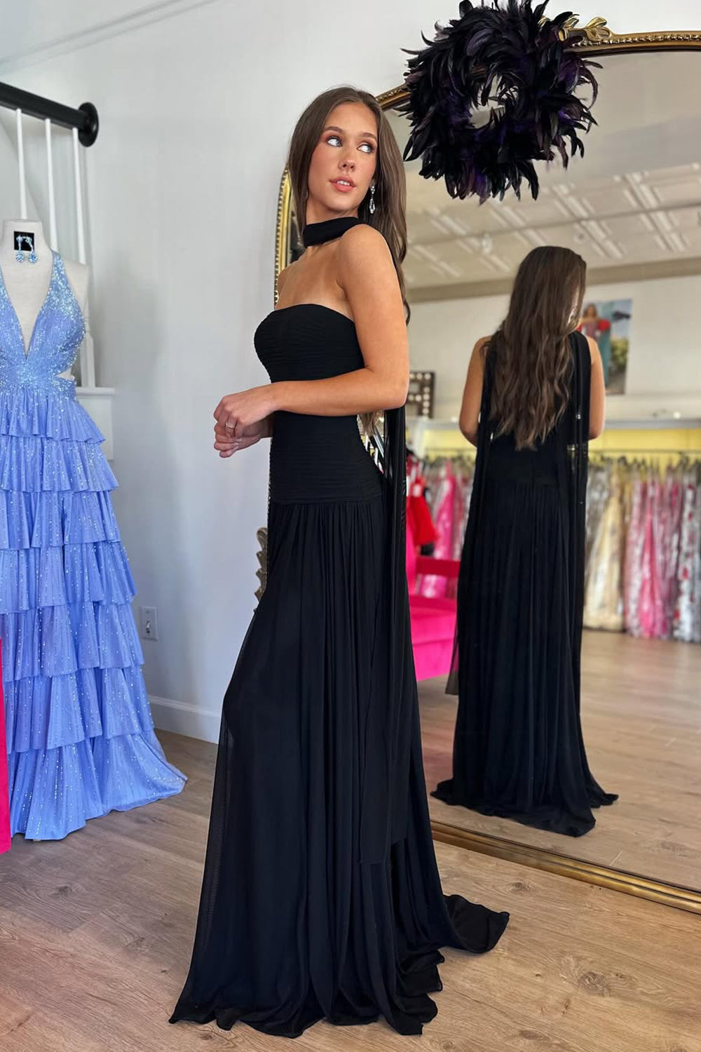 Cute Sheath Strapless Black Chiffon Prom Dress with Slit