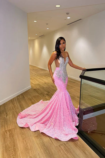 Pink Evening Dress Sleeveless Sequins Mermaid Long Slit