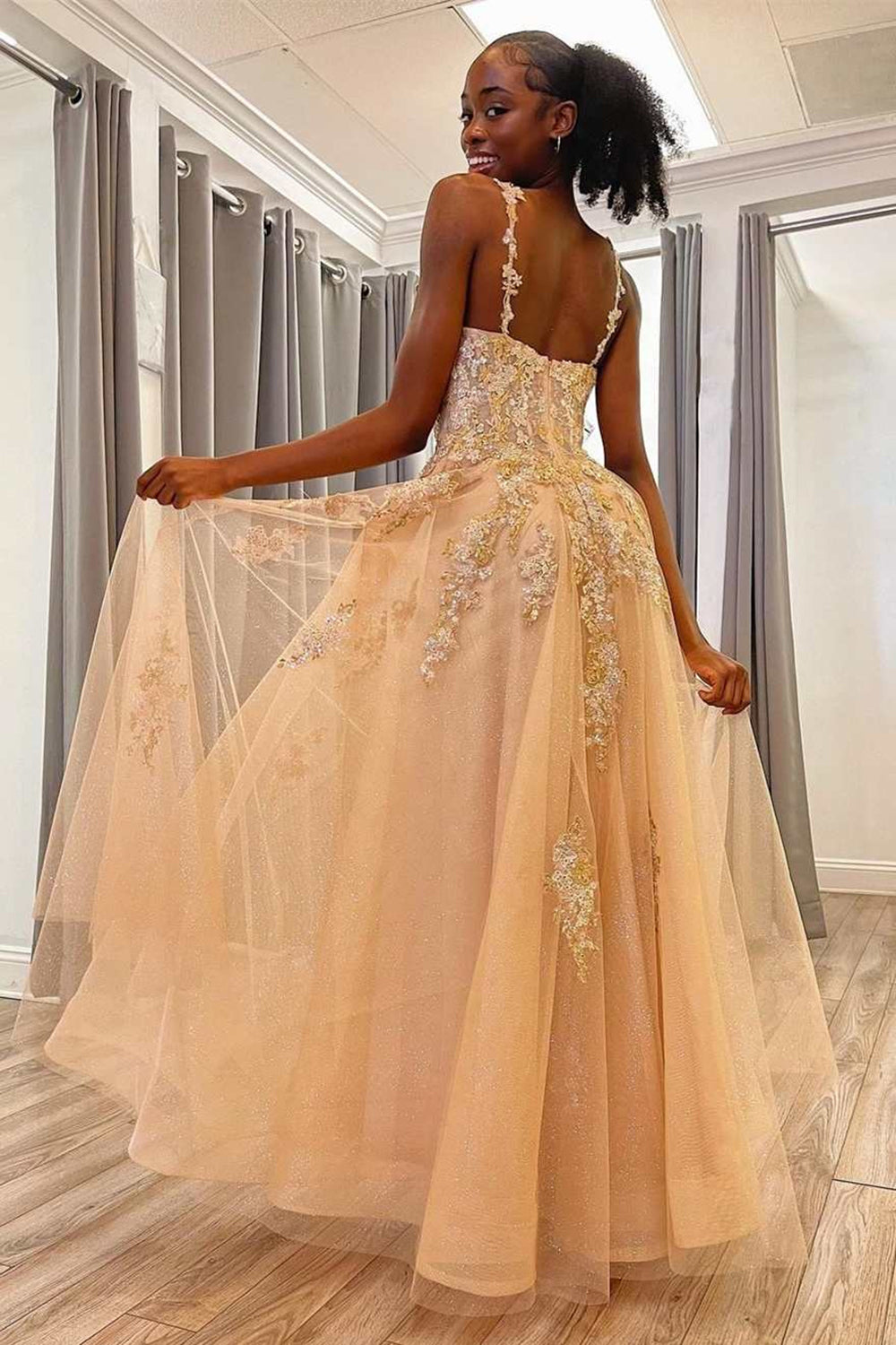 Charming A Line Spaghetti Straps Champagne Long Prom Dress
