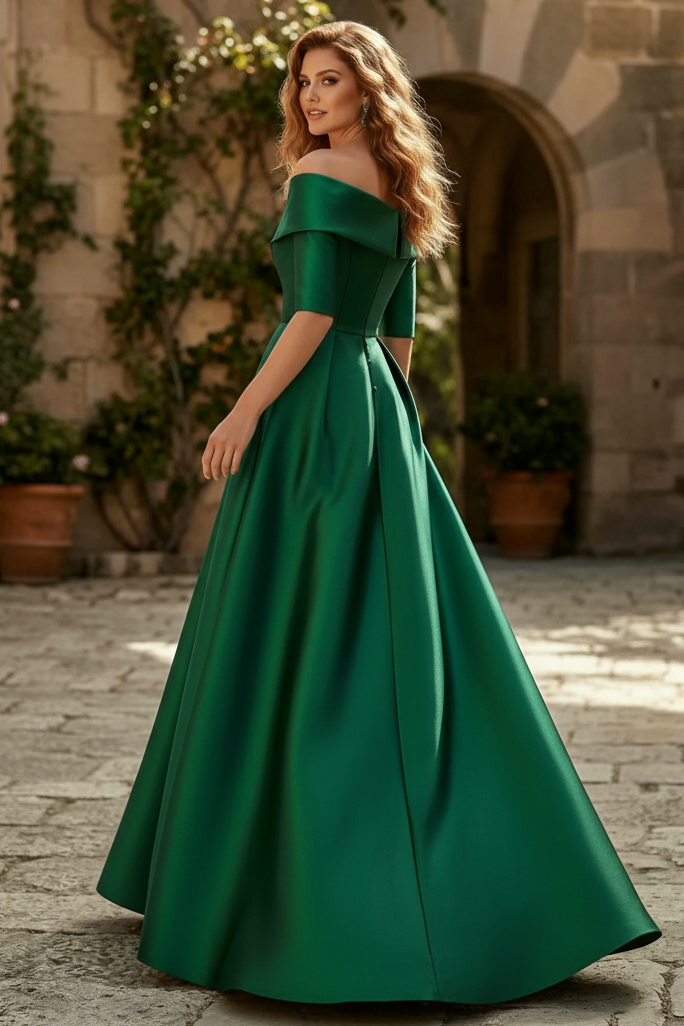 Elegant Emerald Green Off the Shoulder Satin Evening Gown