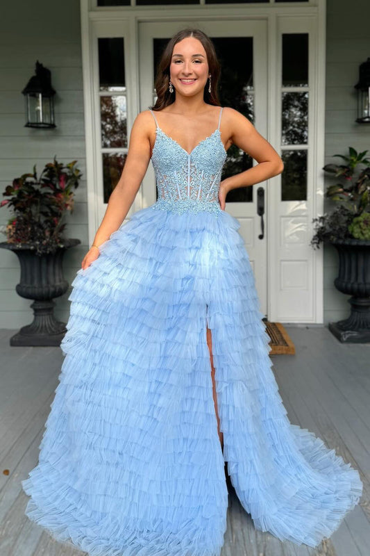 Tulle Ruffles A Line Prom Dresses Long for Women Lace Appliques Evening Gowns