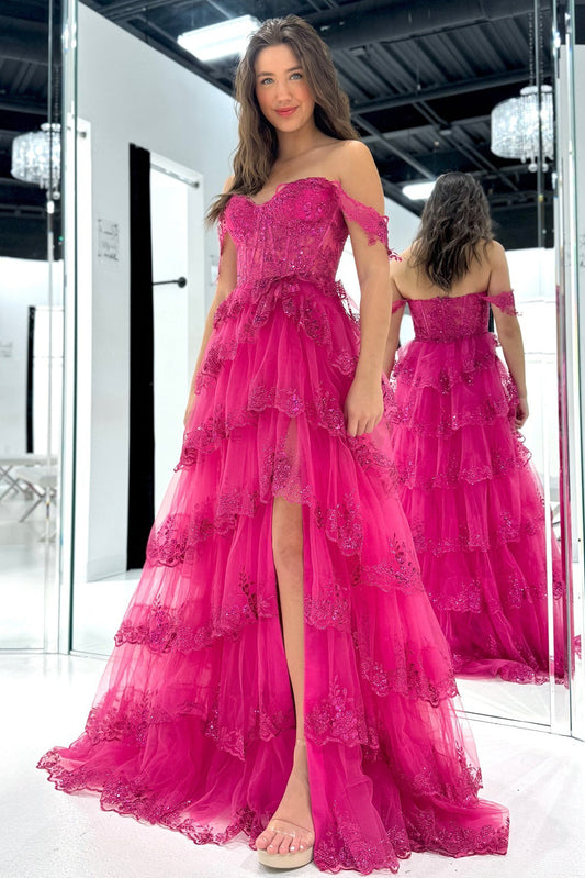 Fuchsia Tulle Lace Appliques Prom Dress