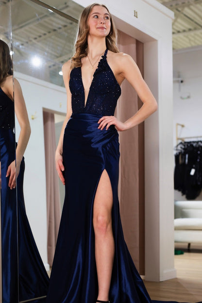 V Neck Evening Dresses Long Mermaid Satin Lace Beaded Prom Gowns