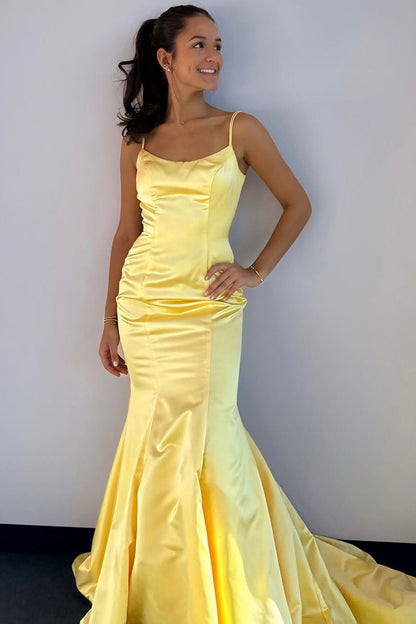 Scoop-Neck Mermaid Satin Prom Dress Long Spaghetti Straps Party Gowns for Women