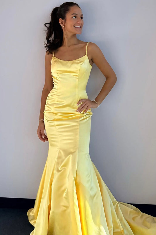 Scoop-Neck Mermaid Satin Prom Dress Long Spaghetti Straps Party Gowns for Women
