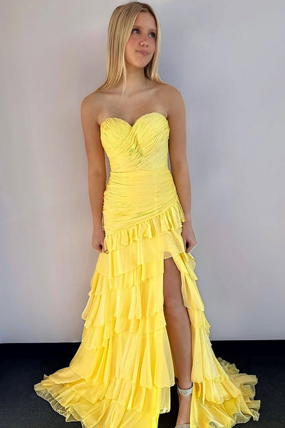 Women's Sweetheart Sleeveless Prom Dress Long Chiffon Ruffles Tierd Party Gowns