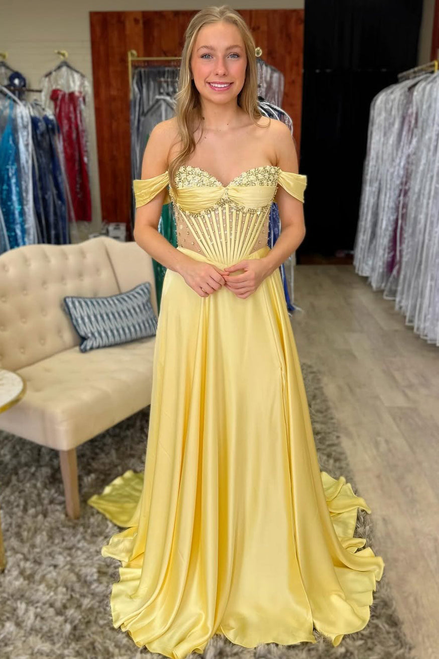 Long Satin Beaded A Line Corset Evening Party Dresses