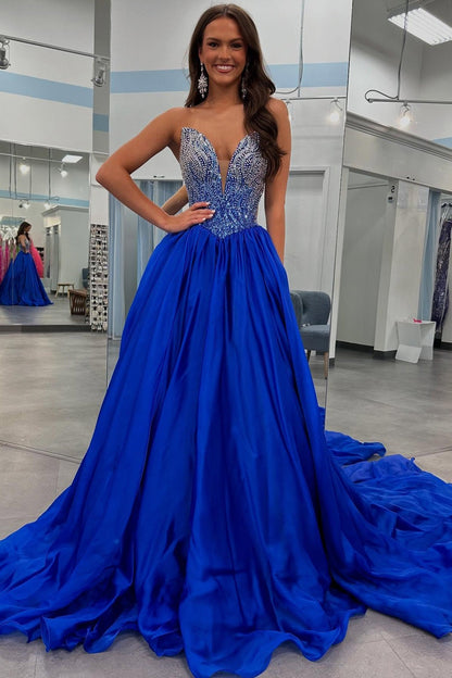 Women's Sweetheart Prom Dresses A Line Satin Beaded Corset Party Gowns