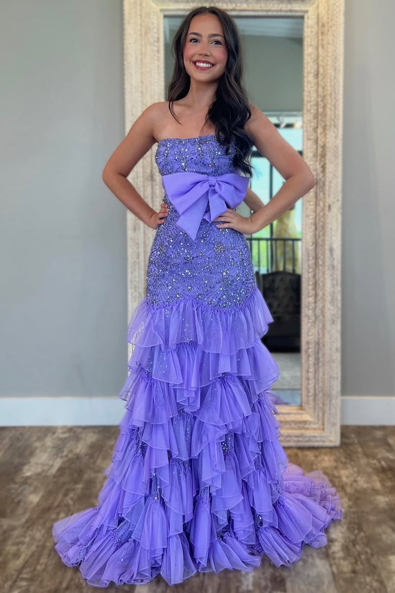 Women's Tube Top Mermaid Long Prom Dress Tulle Lace Beaded Party Gowns with Ruffles