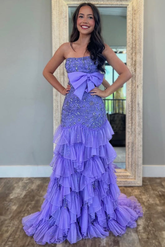 Women's Tube Top Mermaid Long Prom Dress Tulle Lace Beaded Party Gowns with Ruffles