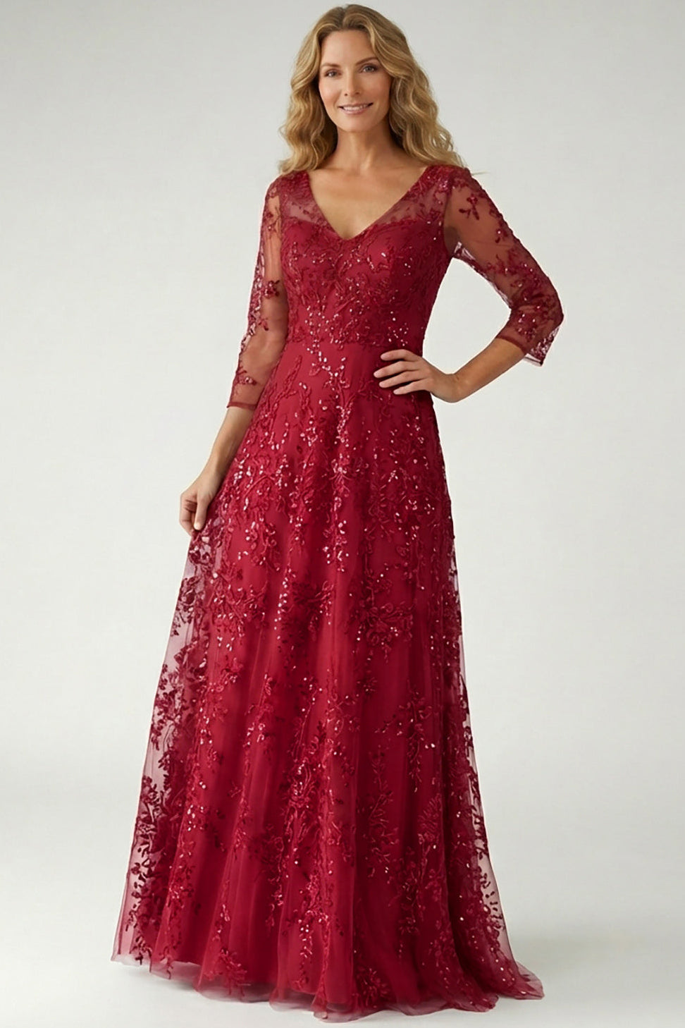 V-Neck Half-Sleeves Fully Sequined Applique Tulle A-Line Mother of the Bride Dress