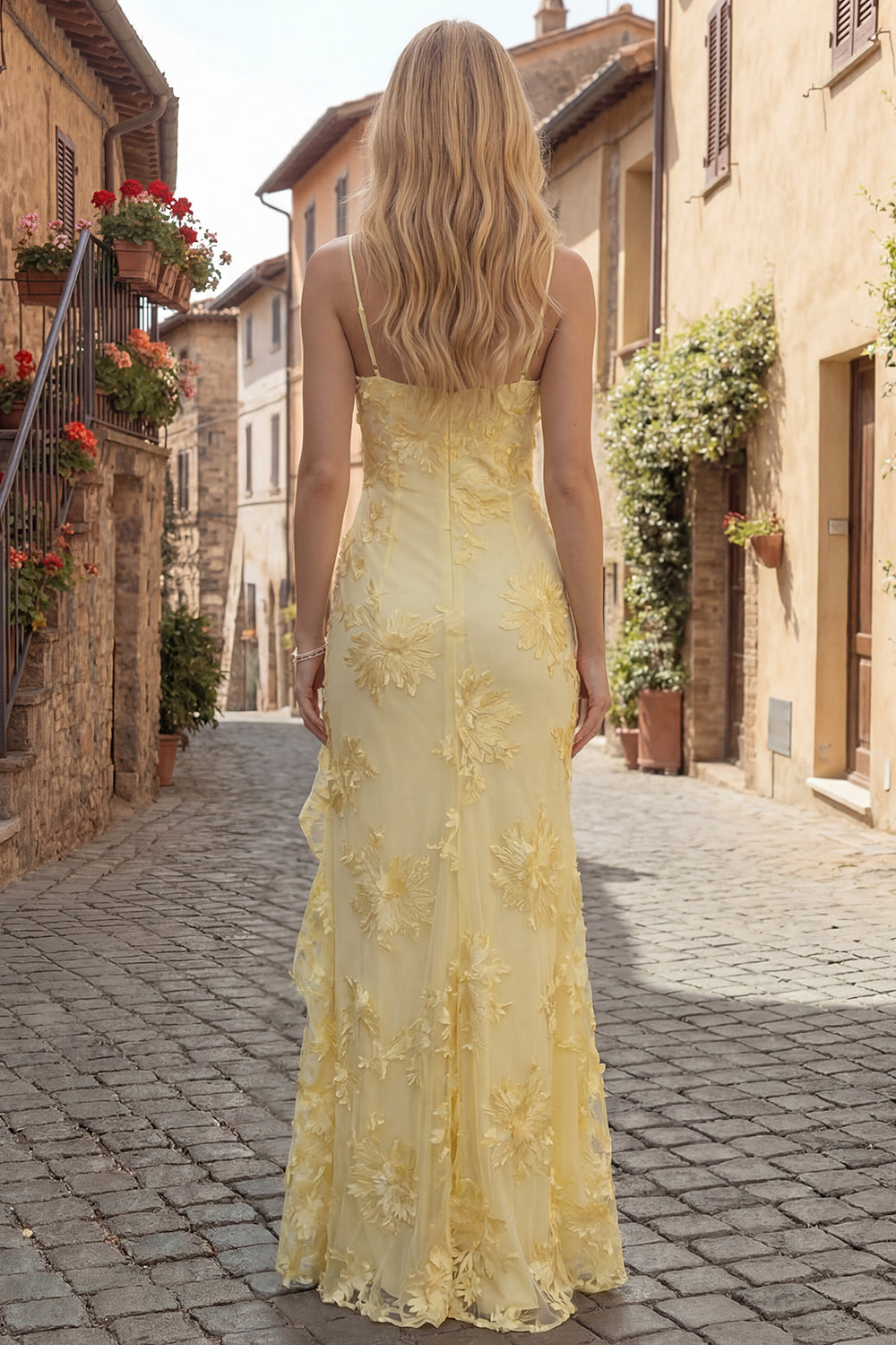 Yellow Spaghetti Straps Long Floral Mermaid Ruffled Prom Dress