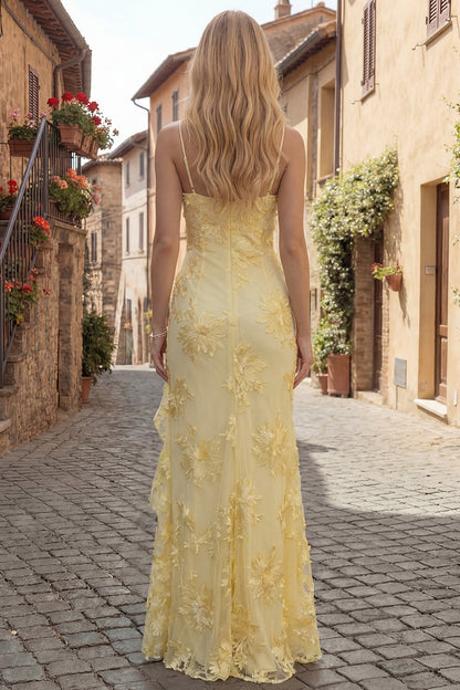 Yellow Spaghetti Straps Long Floral Mermaid Ruffled Prom Dress