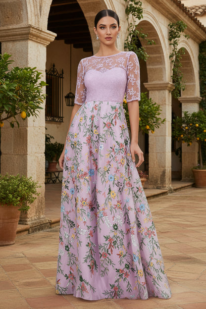 Lilac A Line Floral Half Sleeves Long Mother of the Bride Dress