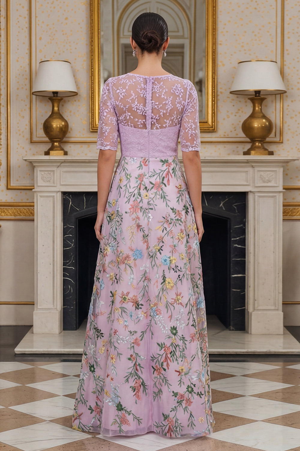 Lilac A Line Floral Half Sleeves Long Mother of the Bride Dress