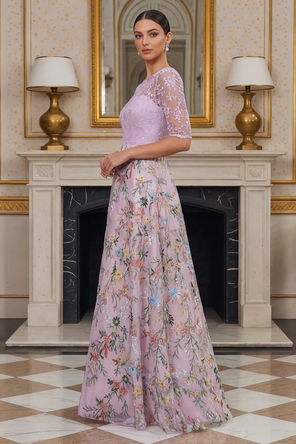 Lilac A Line Floral Half Sleeves Long Mother of the Bride Dress