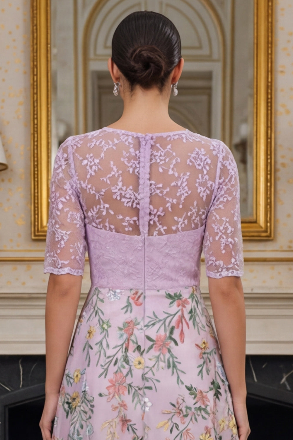 Lilac A Line Floral Half Sleeves Long Mother of the Bride Dress