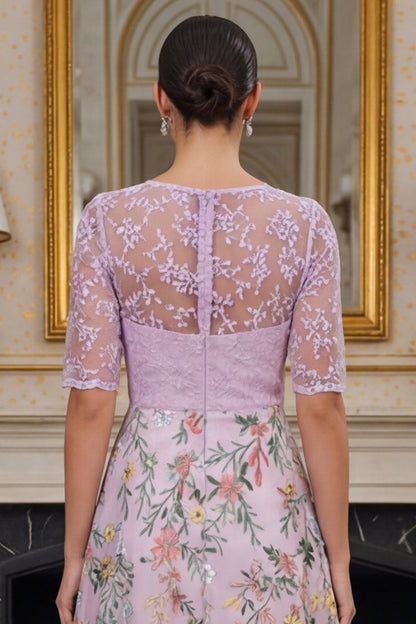 Lilac A Line Floral Half Sleeves Long Mother of the Bride Dress