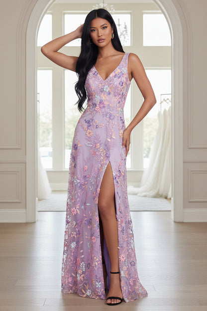 Lilac Floral Mermaid V-Neck Maxi Formal Dress with Slit