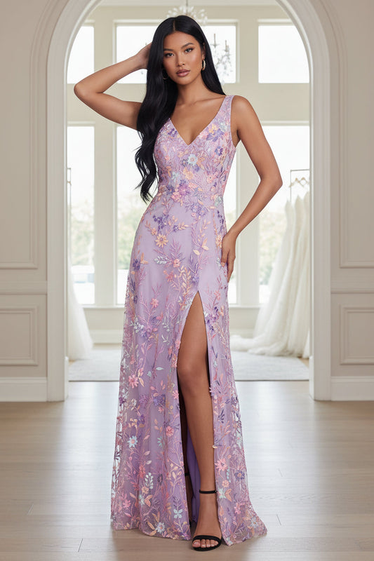Lilac Floral Mermaid V-Neck Maxi Formal Dress with Slit