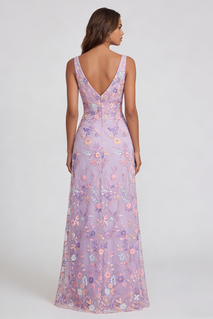 Lilac Floral Mermaid V-Neck Maxi Formal Dress with Slit