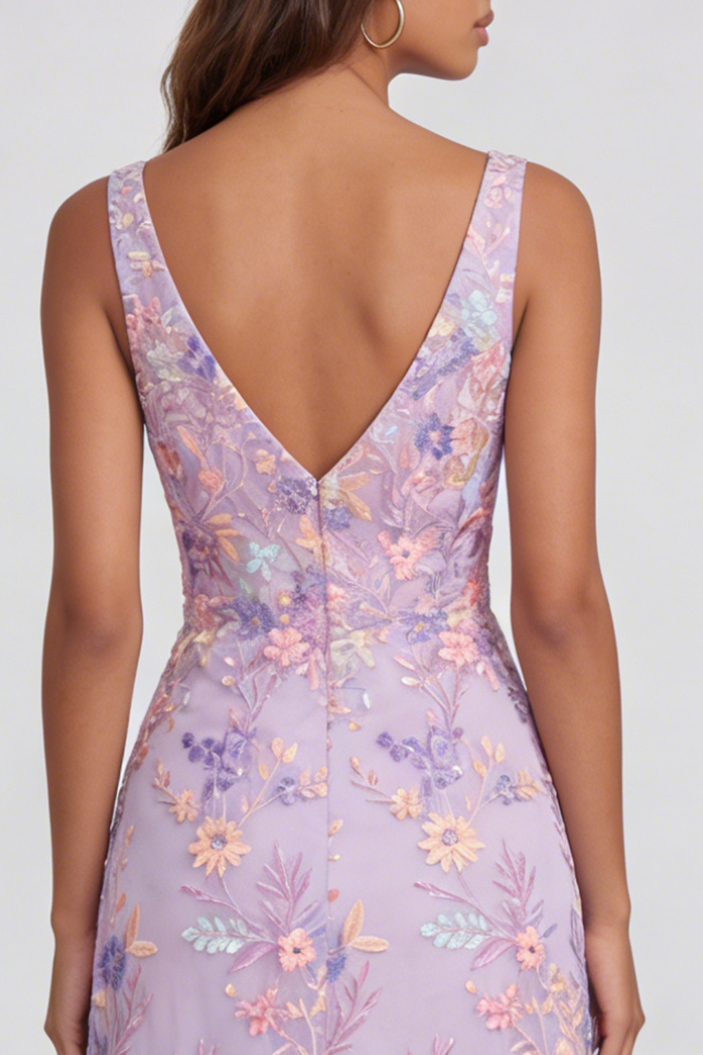 Lilac Floral Mermaid V-Neck Maxi Formal Dress with Slit