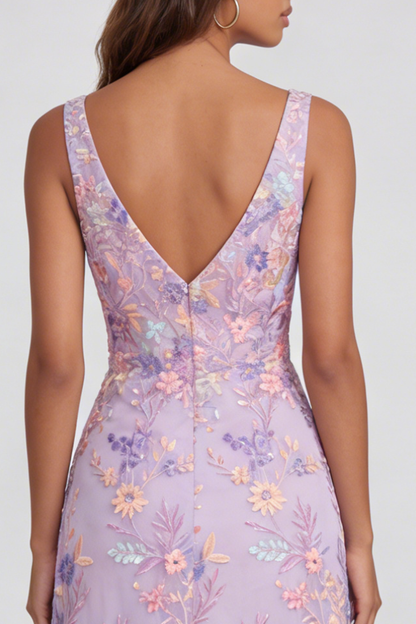 Lilac Floral Mermaid V-Neck Maxi Formal Dress with Slit