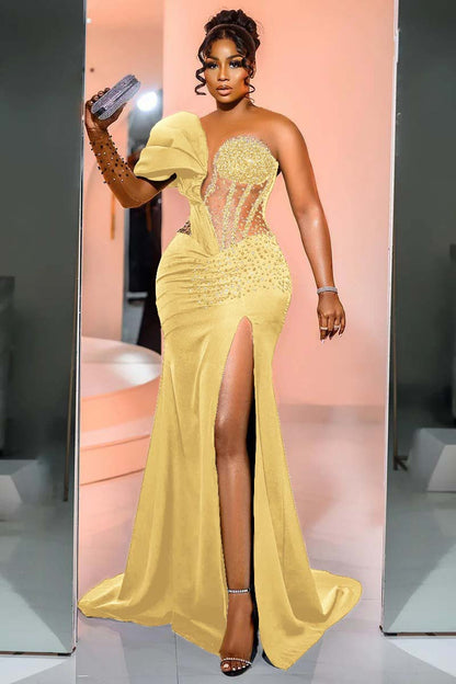 One Shoulder Long Sleeve Long Mermaid Prom Dress With Beading