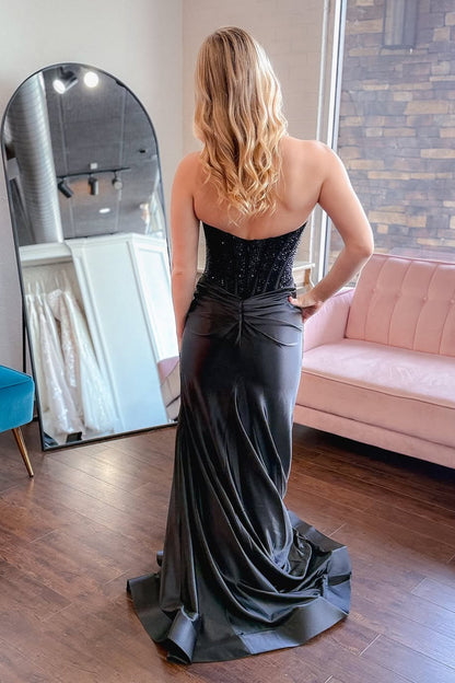 Mermaid Sweetheart Black Satin Long Prom Dress with Rhinestones