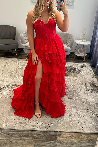 Classic Ball Gown Strapless Black Chiffon Ruffle Tiered Prom Dresses with Slit