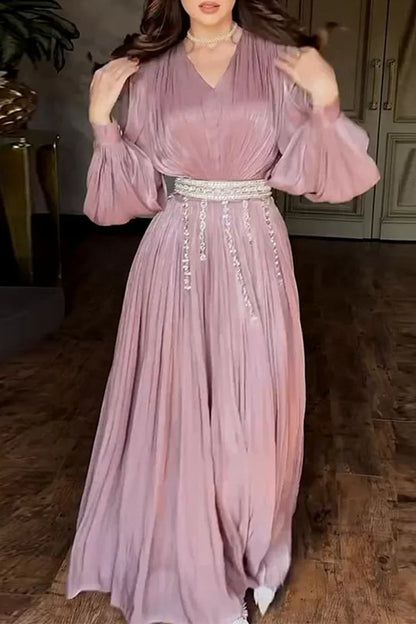 Rhinestone Chain Fringe Belt V Neck Long Sleeve Maxi Dresses-Pink
