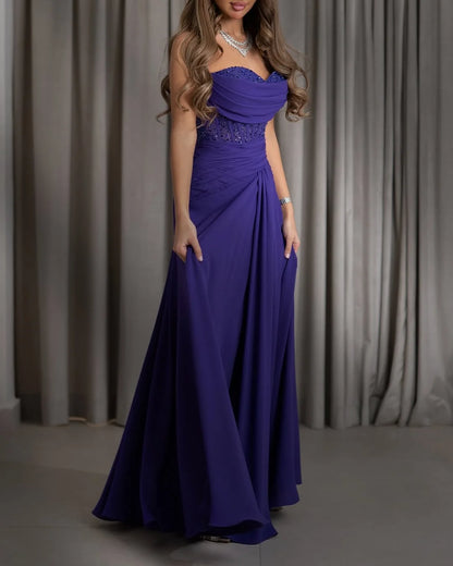 Purple Sweetheart Beaded Pleated Prom Dress
