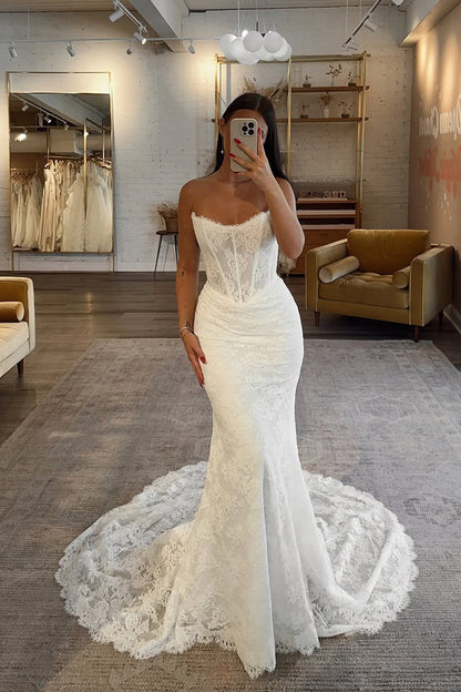 Bohomian Mermaid Scoop Neck Lace Wedding Dress