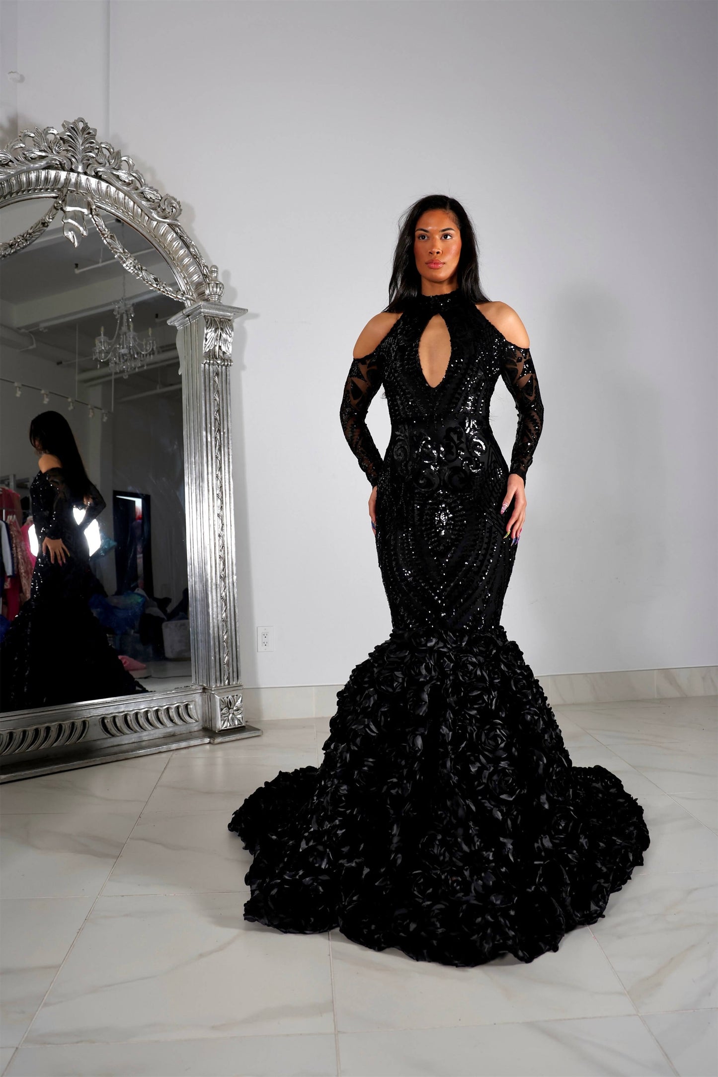 Black High-Neck Prom Dress Mermaid Long Sleeves Appliques with Flowers