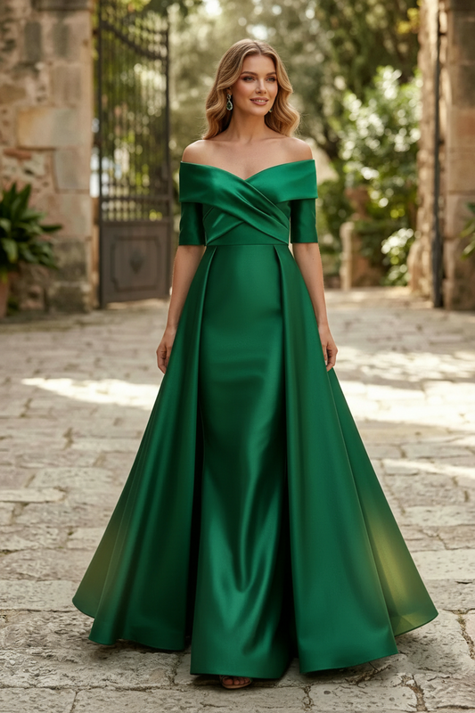 Elegant Emerald Green Off the Shoulder Satin Evening Gown