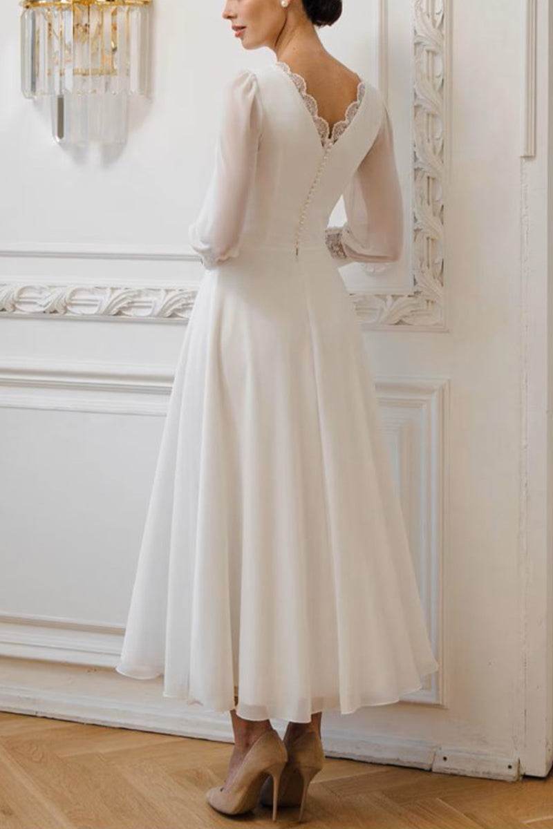 A-Line Tea Length Lace Chiffon Little White Dress