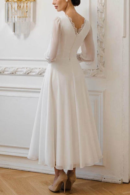 A-Line Tea Length Lace Chiffon Little White Dress
