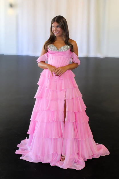 Gorgeous A Line Sweetheart Pink Chiffon Tiered Prom Dress with Beading