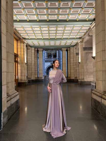 Purple Bateau Neck Long Sleves Back Zipper Formal Evening Gown