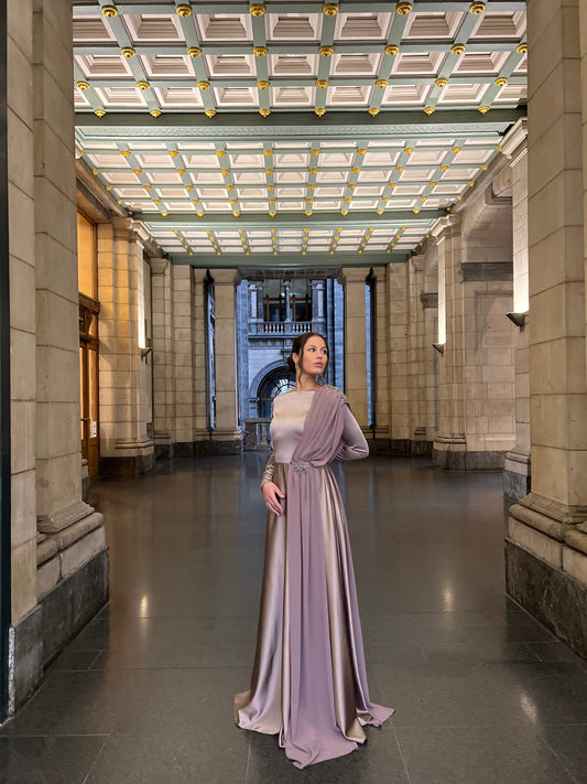 Purple Bateau Neck Long Sleves Back Zipper Formal Evening Gown