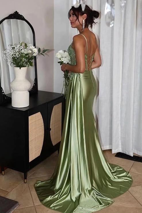 Sage Green Embellished Corset Satin Prom Dres with High Slit
