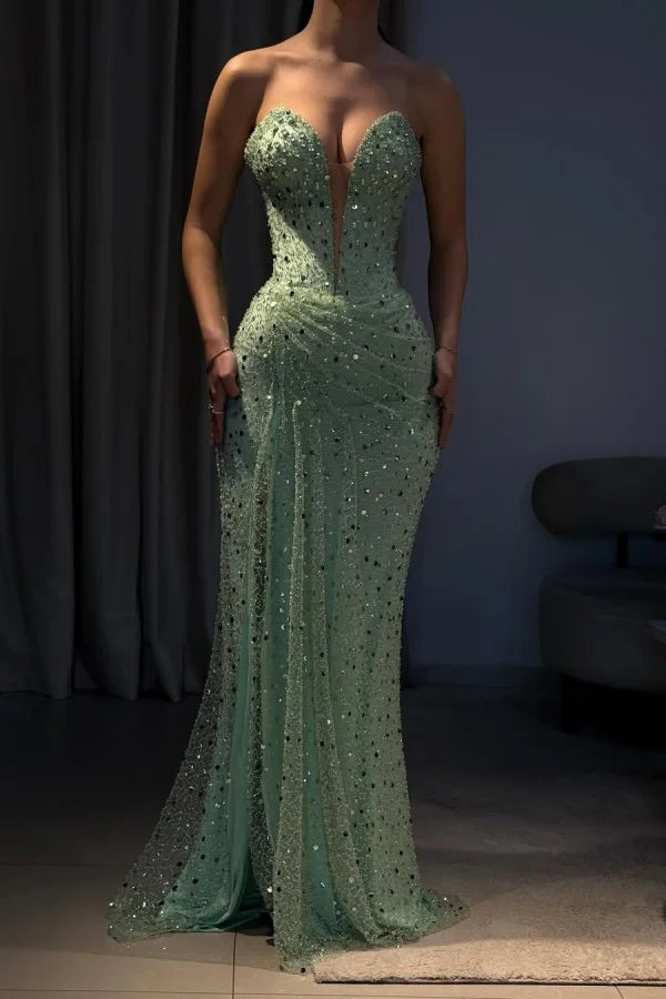Green Gorgeous Beaded Split Prom Dress