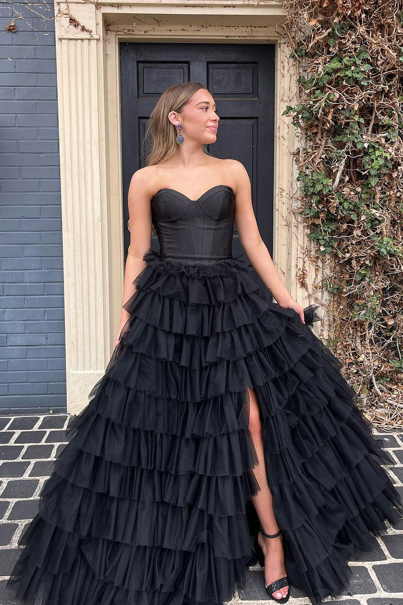 Cute Ball Gown Sweetheart Black Tulle Long Prom Dress