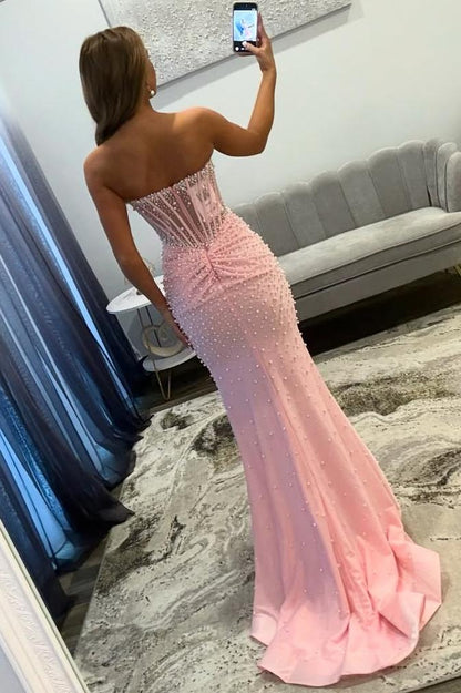 Mermaid Sweetheart Corset Pink Pearls Beaded Long Prom Dress