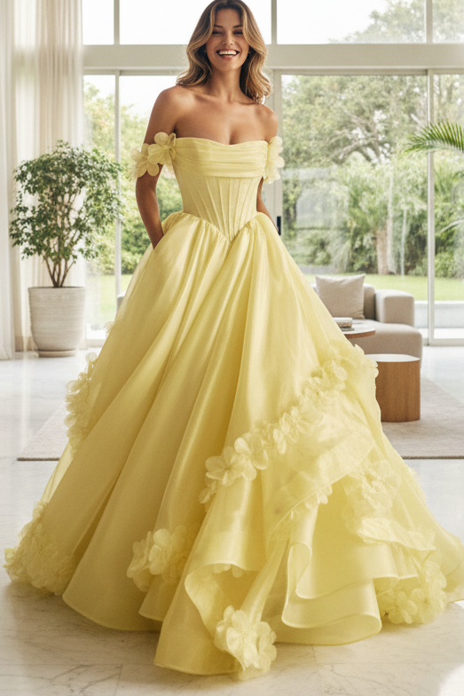 Off-Shoulder 3D Floral A-Line Prom Dress
