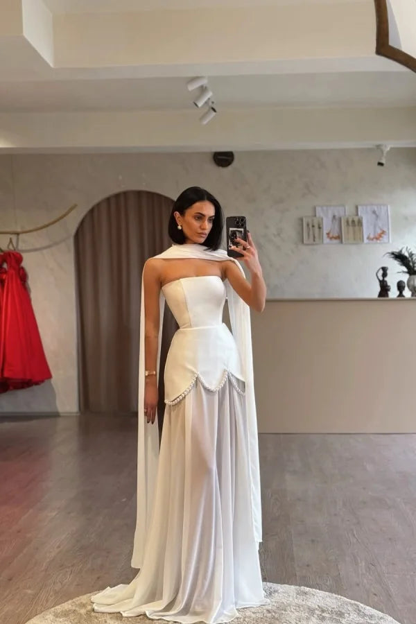 Ivory Strapless Pearls Spliced Prom Dress ZT0685