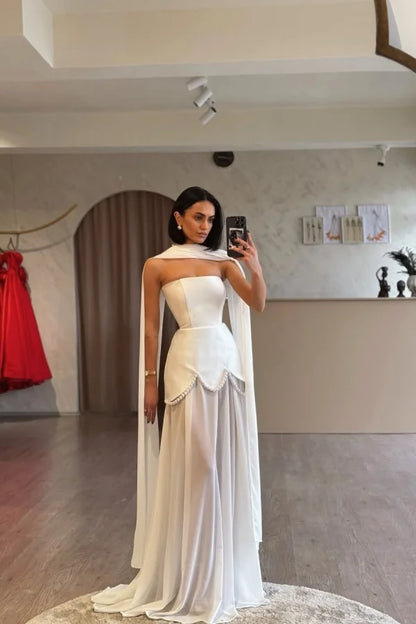 Ivory Strapless Pearls Spliced Prom Dress ZT0685