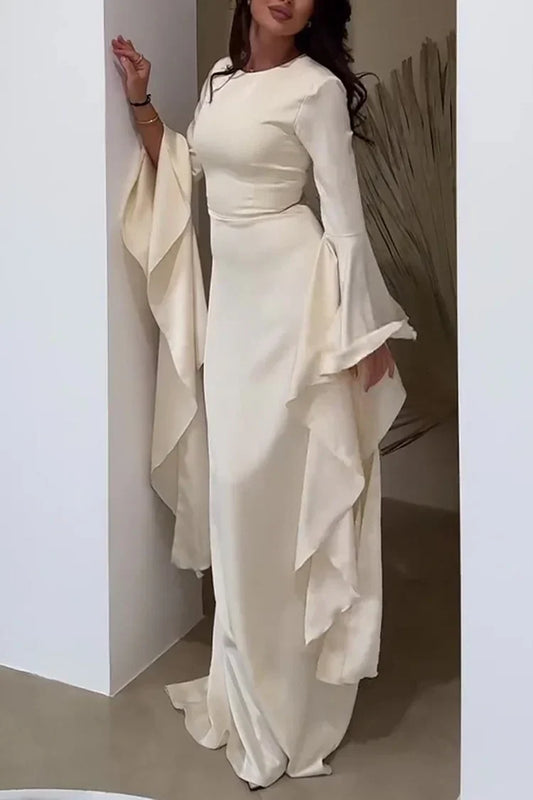 Irregular Flare Sleeve Round Neck Solid Color Maxi Dresses