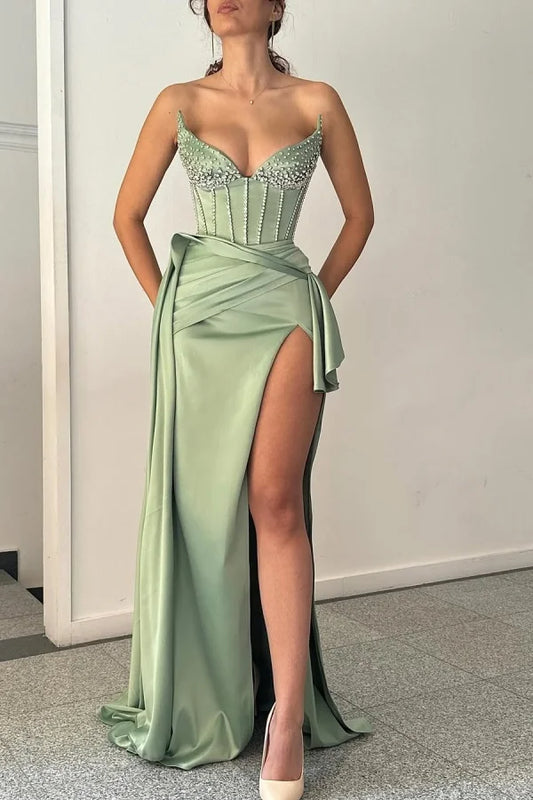 Dusty Sage Beaded Strapless Split Prom Dress